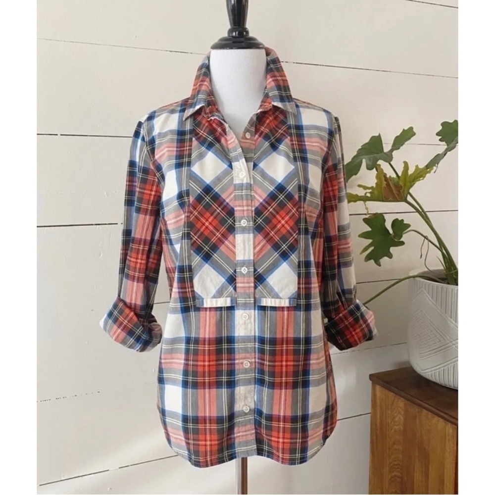 J Crew Women Sz 0 White Red Plaid Tartan Button Front Shirt Christmas Top Blouse